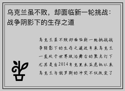 乌克兰虽不败，却面临新一轮挑战：战争阴影下的生存之道